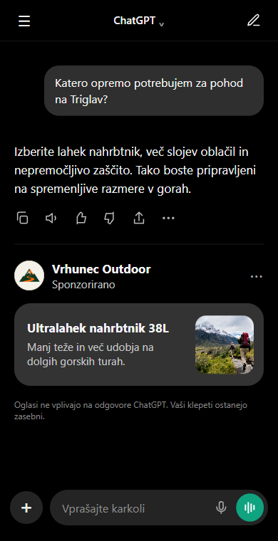 Primer oglasa Vrhunec Outdoor pod odgovorom v vmesniku ChatGPT