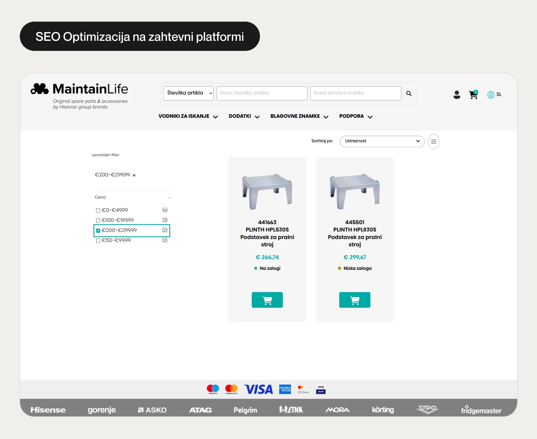 Kategorijska stran MaintainLife na platformi SAP Commerce z urejenimi filtri in strukturo