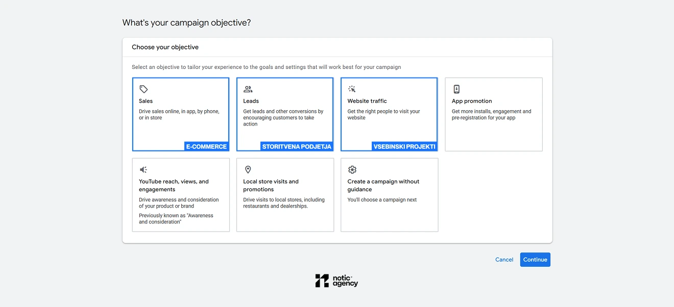 Google Ads campaign objective selection screen with seven options