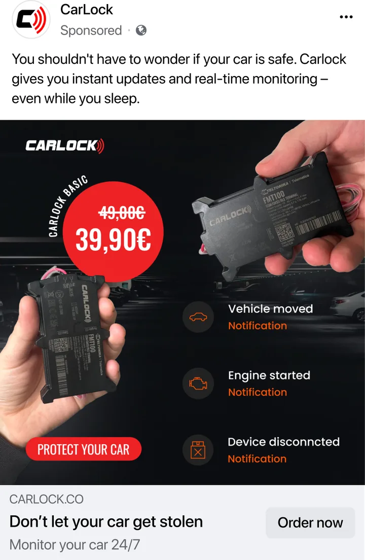 Oglas CarLock z znižano ceno lokatorja s 49,90 € na 39,90 € in gumbom Order now.