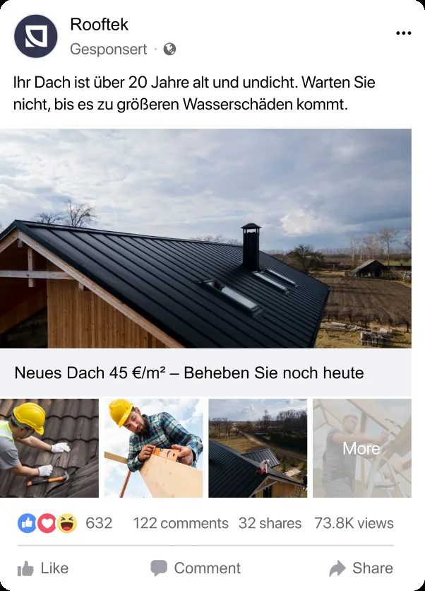Rooftek Facebook carousel ad for roof renovation: first card showing the price of 45 euros per square meter and subsequent cards with photos of work done on the roof.
