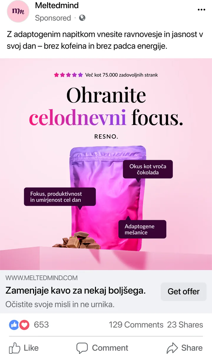 Meltedmind Facebook ad for an adaptogenic drink promising all-day focus, a rating of over 75,000 satisfied customers, and a Get offer button.