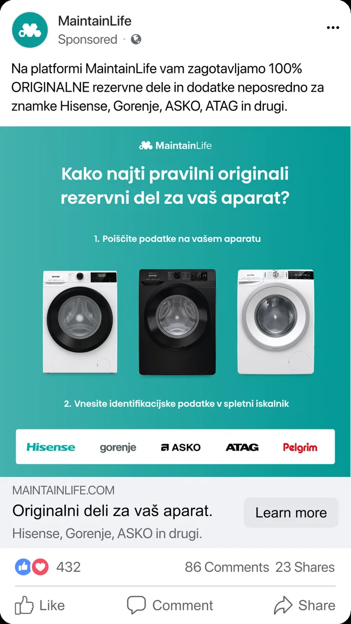 Facebook ad MaintainLife with instructions on how to find the correct original spare part for your appliance, photos of three washing machines, and the logos of Hisense, Gorenje, ASKO, ATAG, and Pelgrim.