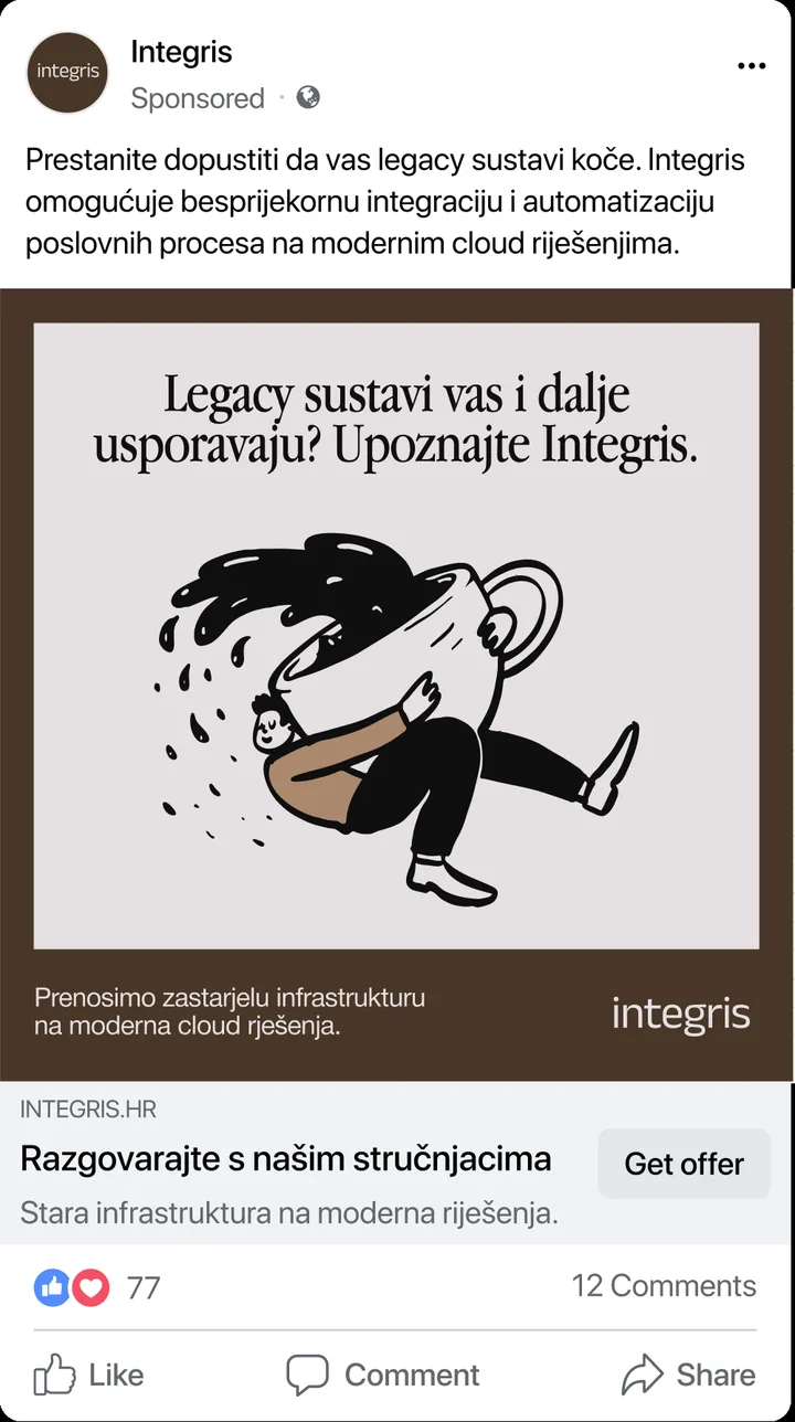Facebook ad Integris: an illustration of a man under the burden of outdated business systems with the title Talk to our experts and a Get offer button.