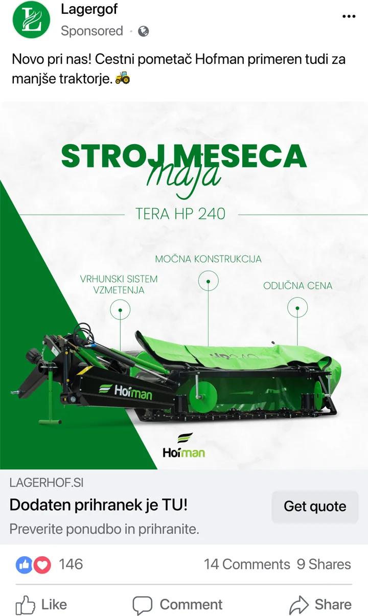 Static Facebook ad for Lagerhof in 1:1 aspect ratio with the title Machine of the Month of May, a photo of the Tera HP 240 agricultural machine, and a "Get quote" button.