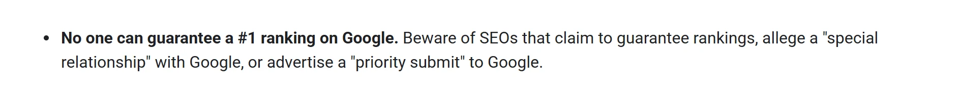 Posnetek uradne strani Google Search Central Do you need an SEO: No one can guarantee a #1 ranking on Google, z opozorilom pred ponudniki, ki obljubljajo uvrstitve ali posebne odnose z Googlom.