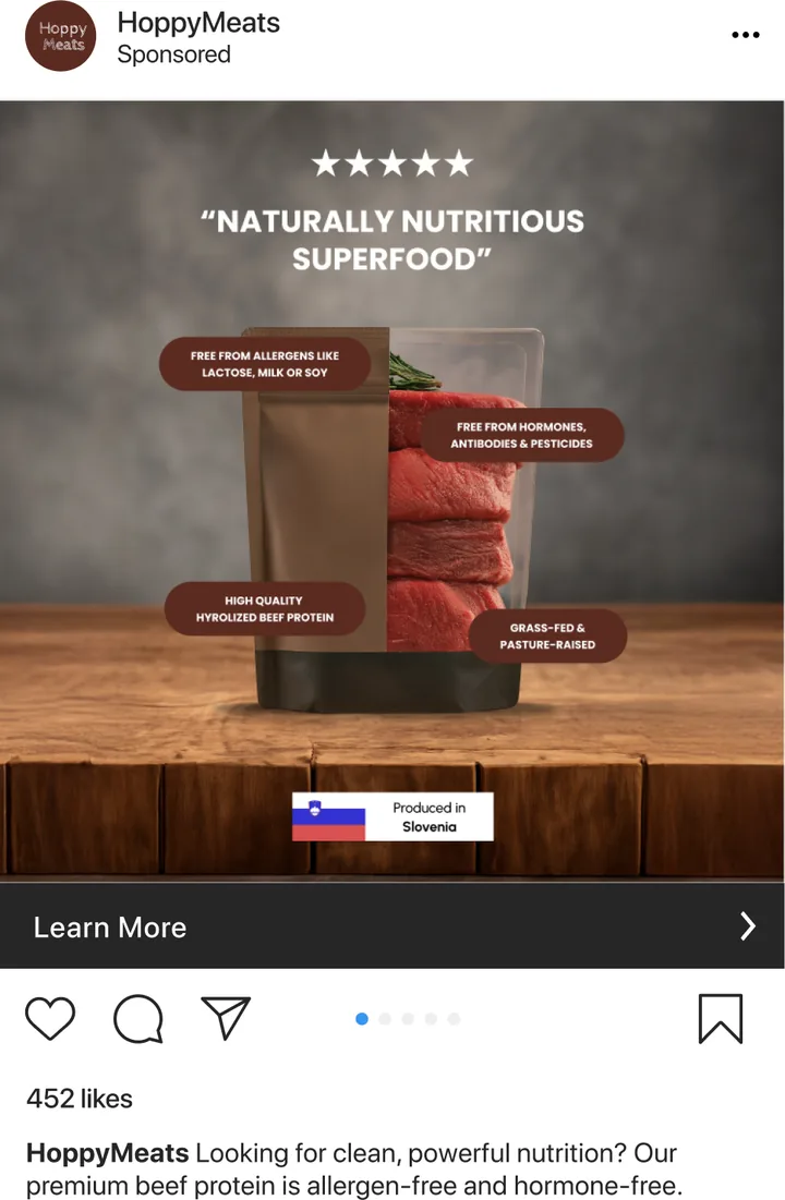 Instagram ad for HoppyMeats beef protein nutrition with the caption "Naturally nutritious superfood", hormone-free and allergen-free labels, and 452 likes.