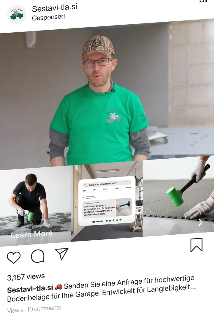 Instagram ad Build the floor with a video of an installer in a green shirt showing the flooring installation, with 3,157 views and a call to send an inquiry.