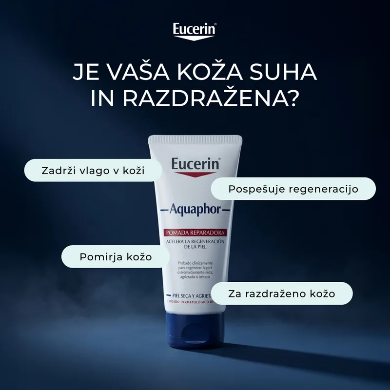 Concept Facebook ad Eucerin Aquaphor on a dark blue background with the question Is your skin dry and irritated and three benefit tags.