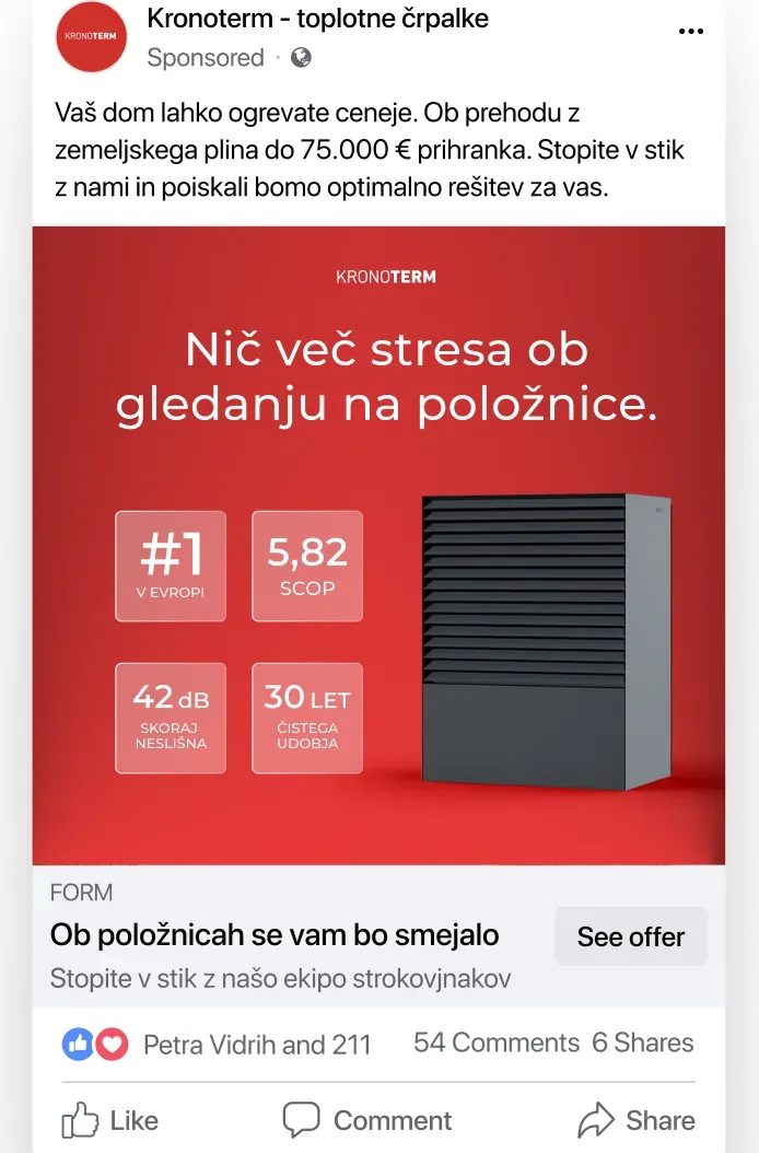 Kronoterm's Facebook ad: No more stress when looking at utility bills with the labels Number 1 in Europe, SCOP 5.82, 42 dB and 30 years, featuring a lead generation form and a See offer button.