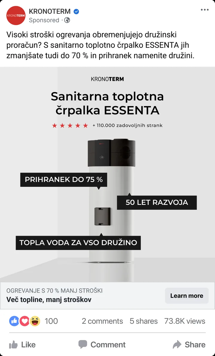 Kronoterm's Facebook ad for the ESSENTA sanitary heat pump with a promise of up to 75 percent savings, 50 years of development, and the headline More warmth, lower costs.