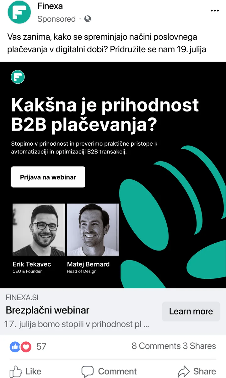 Oglas Finexa za brezplačen webinar o prihodnosti B2B plačevanja s fotografijama govorcev in gumbom Learn more.