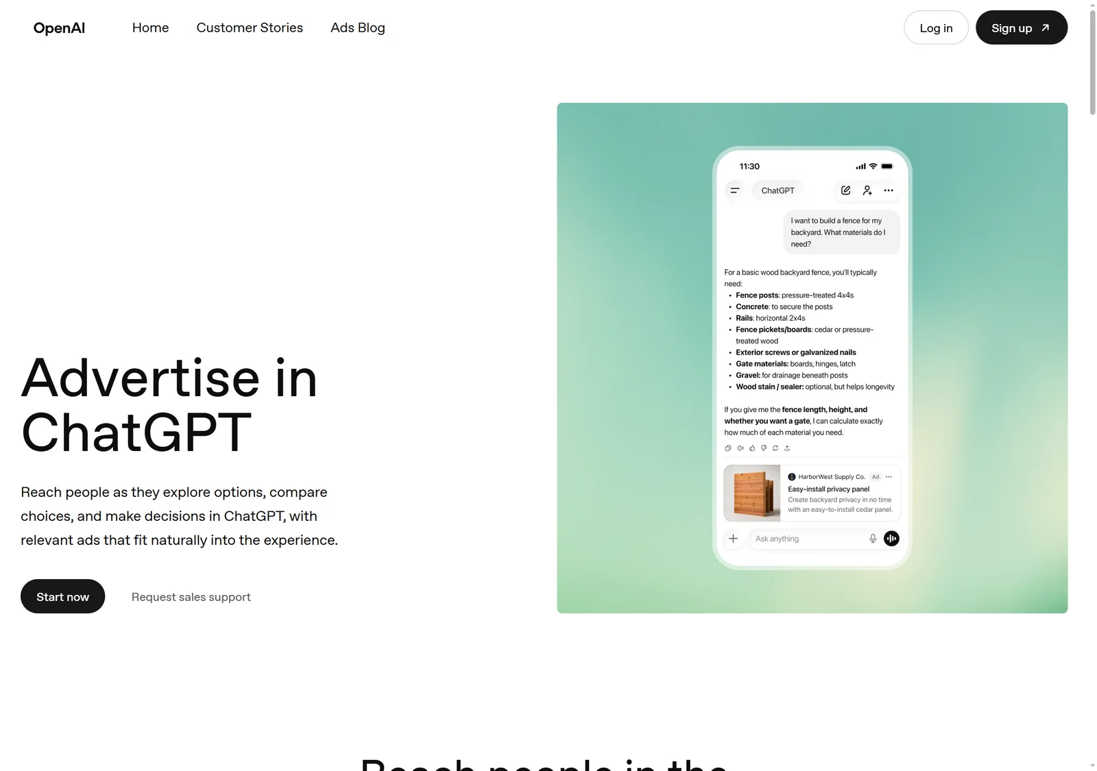 Uradna stran OpenAI Advertise in ChatGPT z mobilnim zaslonom: uporabnik vpraša, kaj potrebuje za leseno ograjo, pod odgovorom je oglas HarborWest Supply z oznako Ad in opisom lesenega panela.