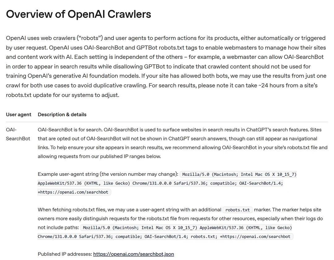 Posnetek uradne dokumentacije OpenAI o crawlerjih: OAI-SearchBot je namenjen iskanju v ChatGPT, GPTBot učenju modelov, sprememba robots.txt pa začne veljati v približno 24 urah.