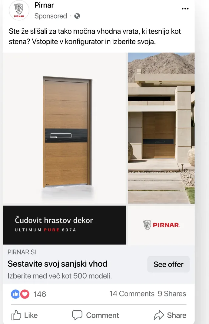 Pirnar's Facebook ad for entrance doors with the question of whether you have already heard of doors that seal like a wall, the headline Build your dream entrance, and an invitation to the configurator with over 500 models.
