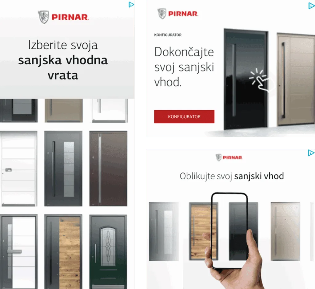 Pirnar's Google Display ads inviting the user to select or complete the front door configuration.