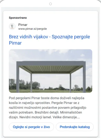 Pirnar's Google Search ad for bioclimatic pergolas.
