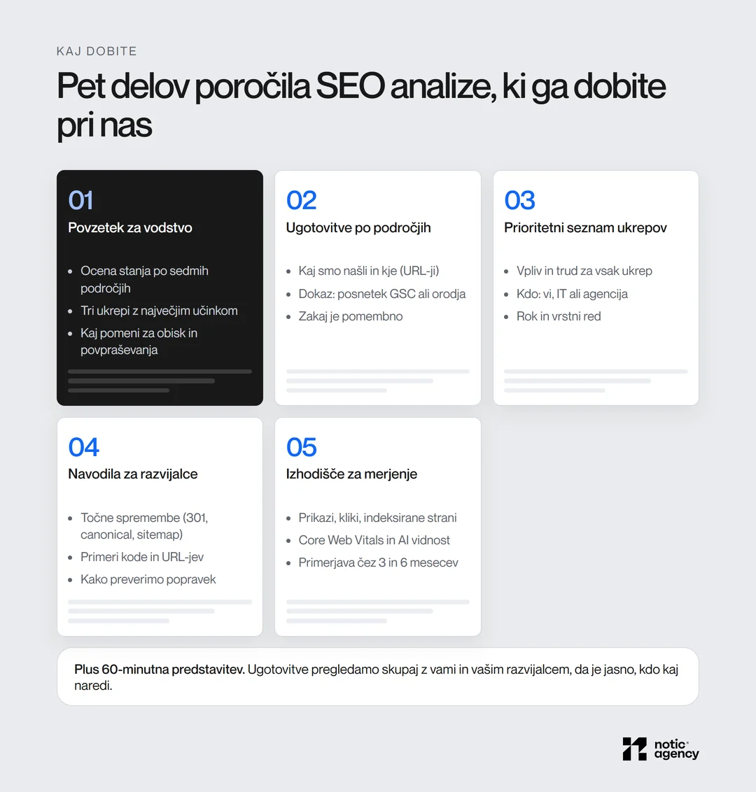 Pet delov poročila SEO analize: povzetek za vodstvo, ugotovitve po področjih, prioritetni seznam ukrepov, navodila za razvijalce in izhodišče za merjenje.