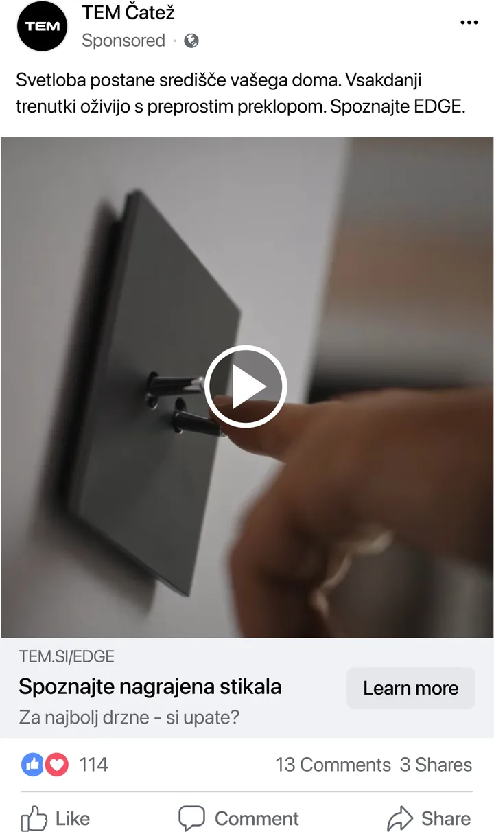 TOF Facebook ad TEM Čatež: video of hands turning on a light with a Modul Edge switch, with the text "Light becomes the center of your home" and the headline "Meet the award-winning switches.".