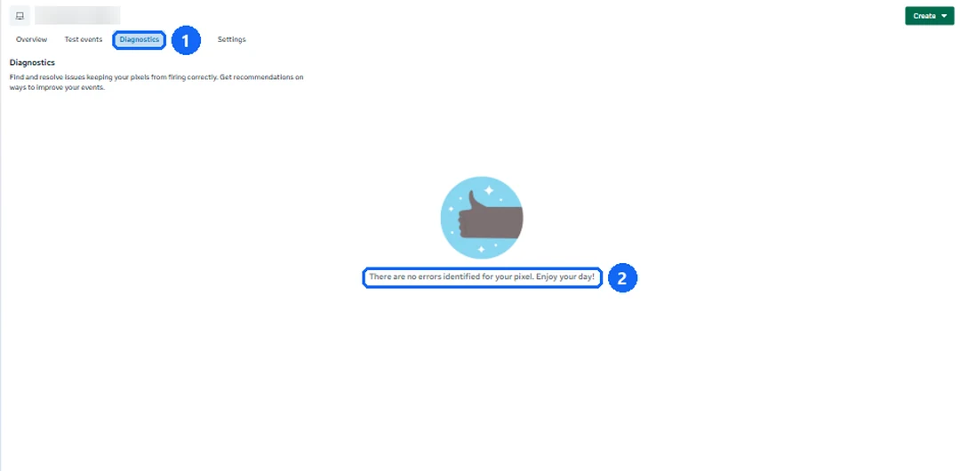 Posnetek zavihka Diagnostics v Meta Events Manager brez aktivnih napak za Pixel.