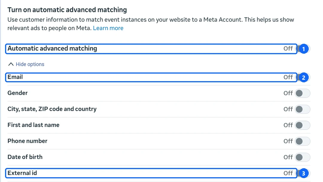 Posnetek nastavitve Automatic advanced matching v Meta Events Manager s polji Email, Gender, City, First and last name, Phone number, Date of birth in External id.