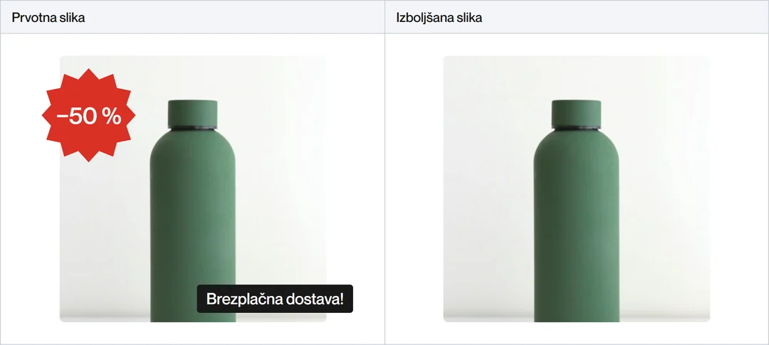 Dvodelna primerjava slike izdelka: prvotna slika termovke z nalepko minus 50 % in napisom brezplačna dostava, izboljšana slika istega izdelka brez napisov.