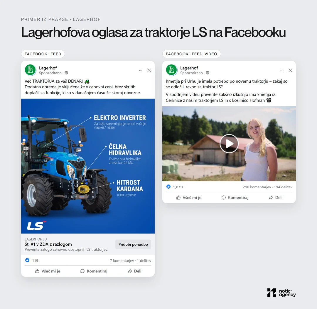 Lagerhofova oglasa za traktorje LS na Facebooku: oglas Več traktorja za vaš denar z opremo elektro inverter, čelna hidravlika in hitrost kardana ter video oglas o kmetiji iz Cerknice s traktorjem LS in kosilnico Hofman.