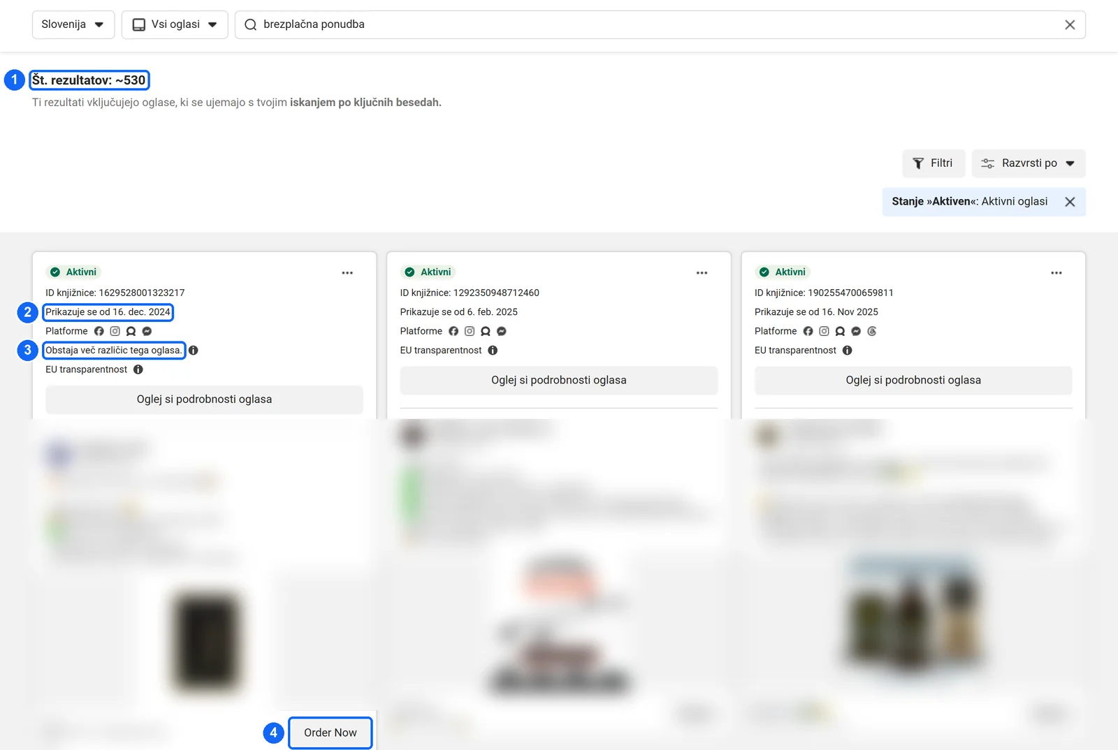 Posnetek Meta Ad Library za Slovenijo z iskanjem brezplačna ponudba in okoli 530 rezultati; oštevilčeni so število rezultatov, datum začetka prikazovanja, oznaka več različic oglasa in gumb s pozivom.