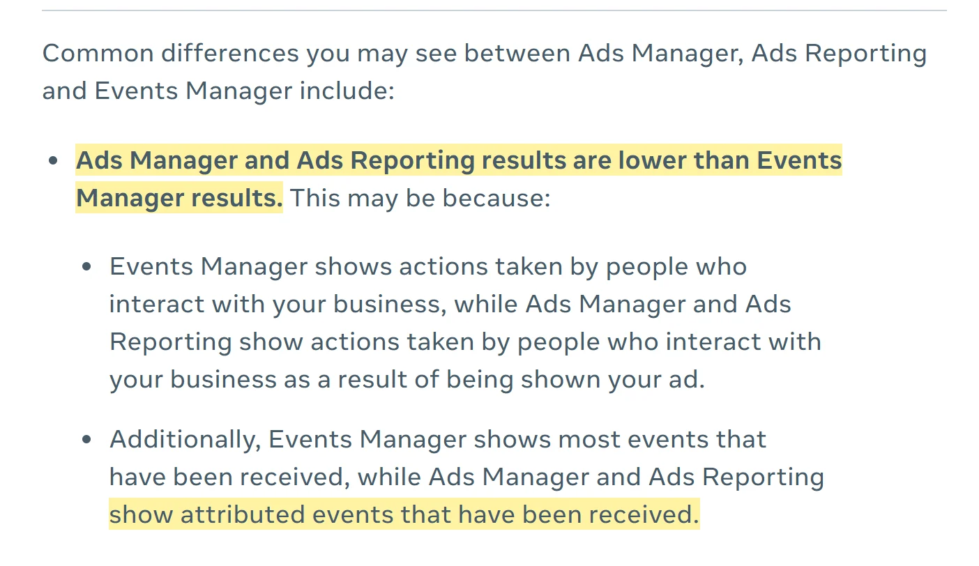 Posnetek Meta pomoči z označenim stavkom, da so rezultati v Ads Managerju nižji od Events Managerja, ker Ads Manager kaže samo pripisane dogodke.