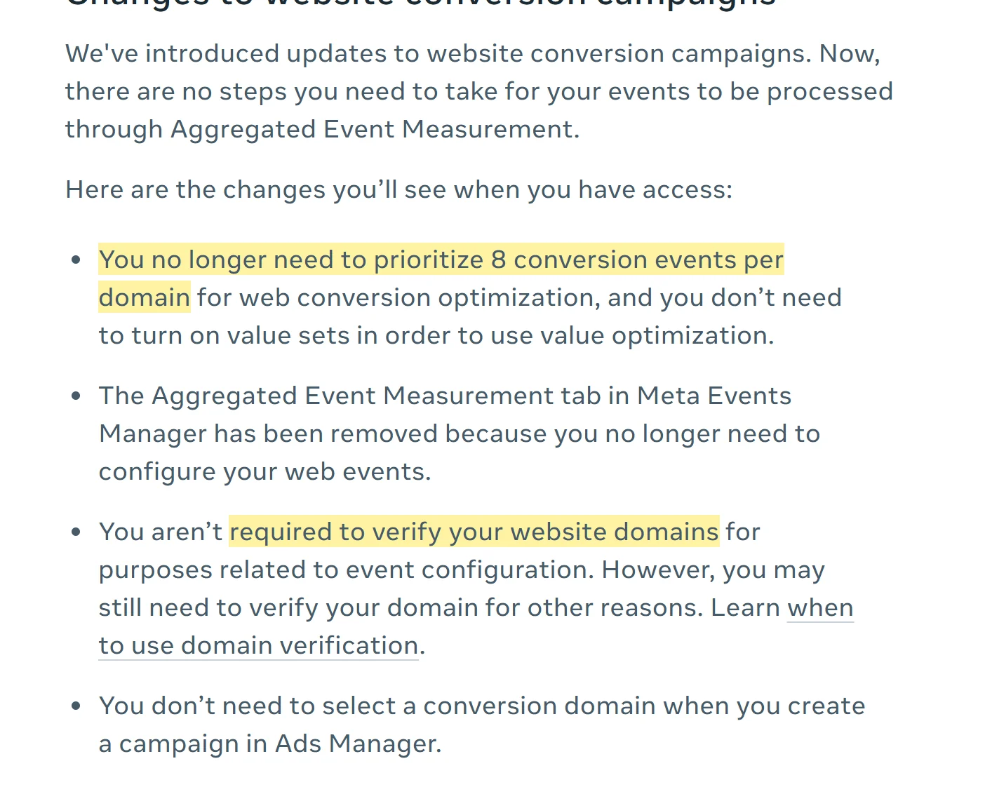 Posnetek Meta pomoči o Aggregated Event Measurement z označenima stavkoma: dogodkov ni več treba razvrščati v 8 mest na domeno in preverjanje domene ni več pogoj za nastavitev dogodkov.