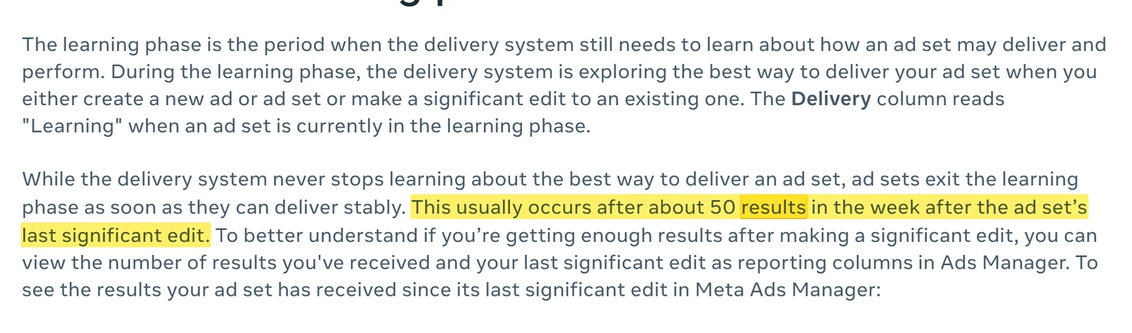 Posnetek Meta Business Help Center o learning phase z označenim stavkom, da oglasna skupina learning phase običajno zapusti po približno 50 rezultatih v tednu po zadnji večji spremembi.