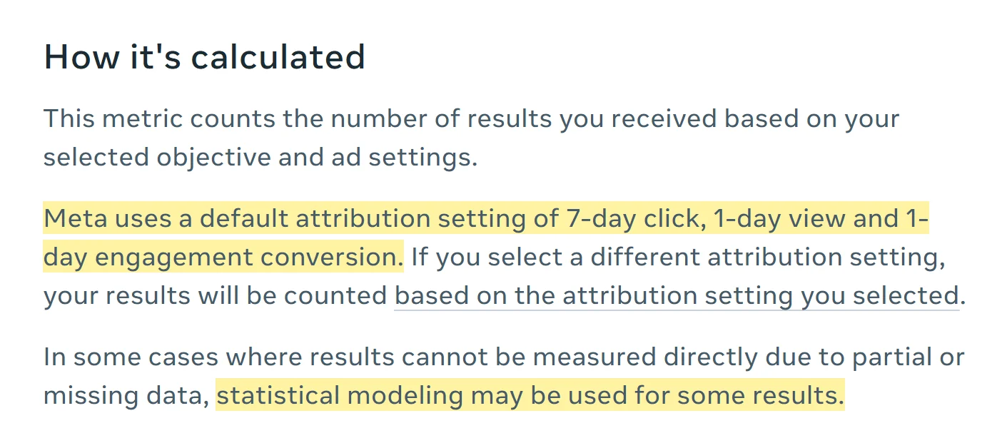 Posnetek Meta pomoči o metriki Results z označenima stavkoma: privzeta atribucija 7-day click, 1-day view in 1-day engagement ter statistično modeliranje dela rezultatov.