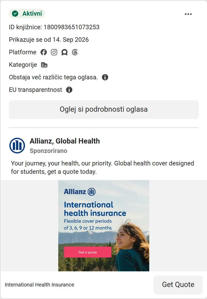 Aktiven Facebook oglas Allianz Global Health v Meta Ad Library: mednarodno zdravstveno zavarovanje za študente s fleksibilnim trajanjem 3, 6, 9 ali 12 mesecev in gumbom Get Quote.