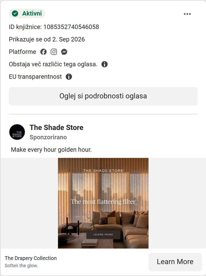 Aktiven oglas The Shade Store v Meta Ad Library s fotografijo dnevne sobe z zavesami v zlati svetlobi, besedilom Make every hour golden hour in gumbom Learn More.
