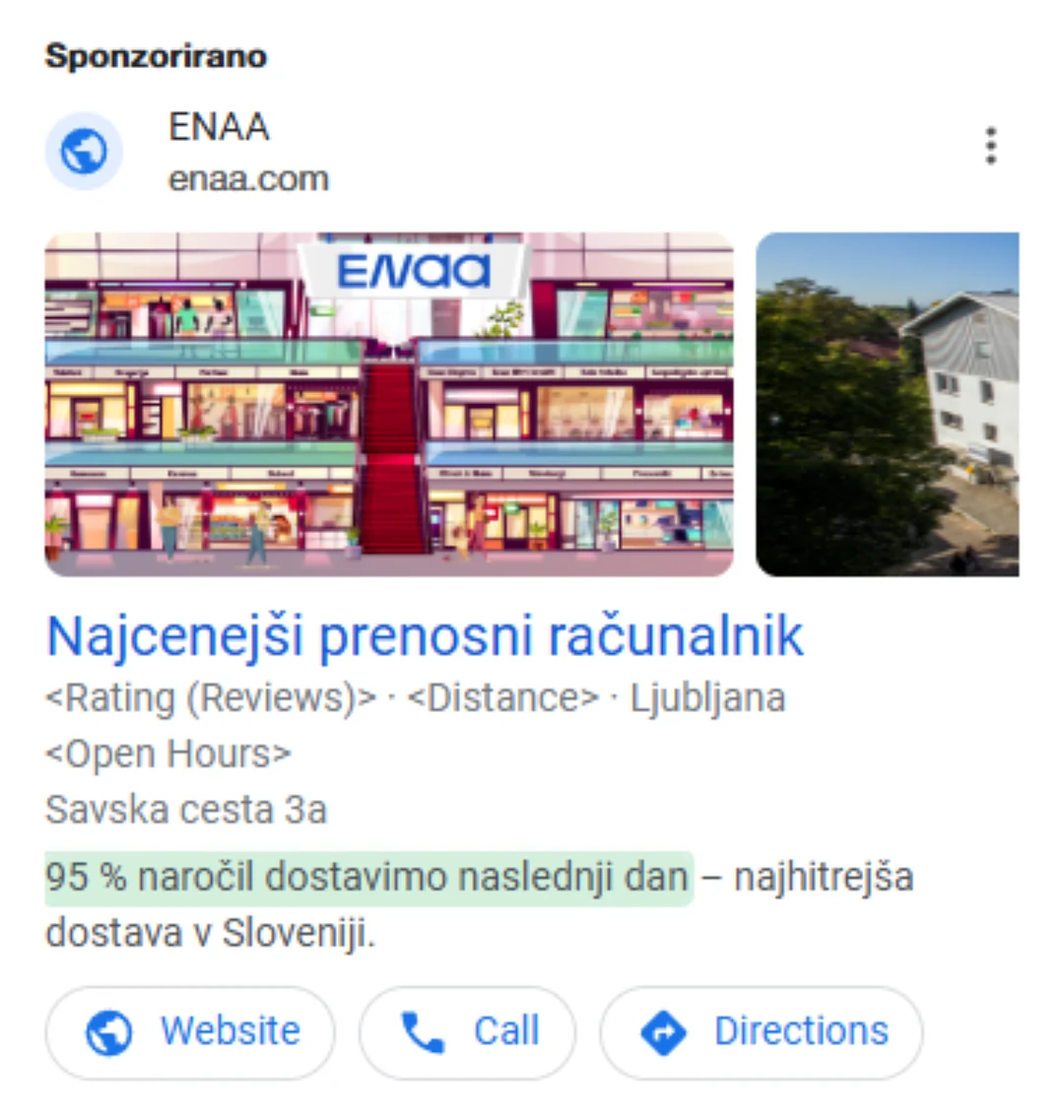 Resničen oglas ENAA iz Googlovega Središča za preglednost oglasov, regija Slovenija: označen je stavek 95 % naročil dostavimo naslednji dan kot preverljiva trditev s številko.