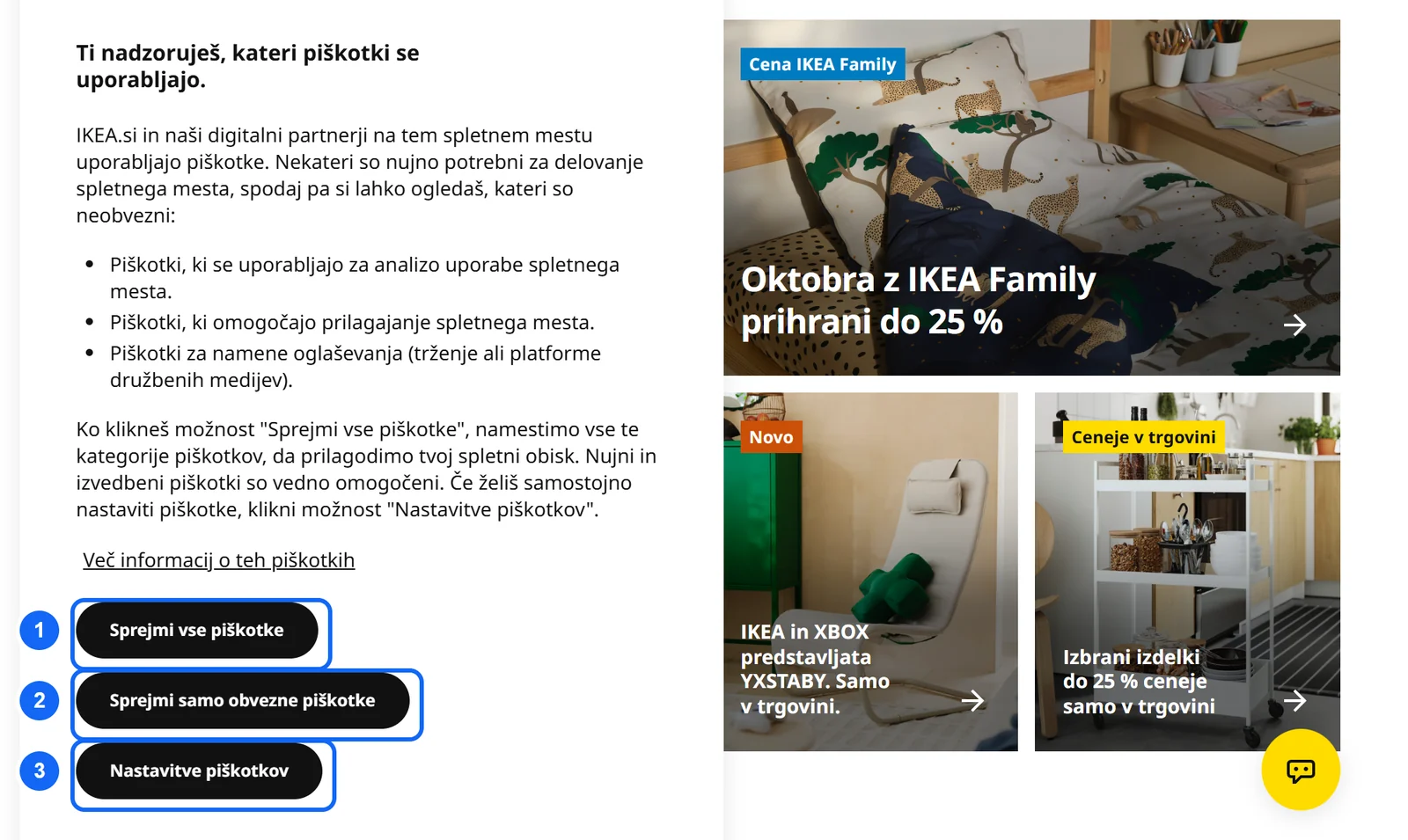 Pasica za piškotke na javni strani IKEA Slovenija z tremi enako izrazitimi gumbi na prvem sloju: Sprejmi vse piškotke, Sprejmi samo obvezne piškotke in Nastavitve piškotkov.