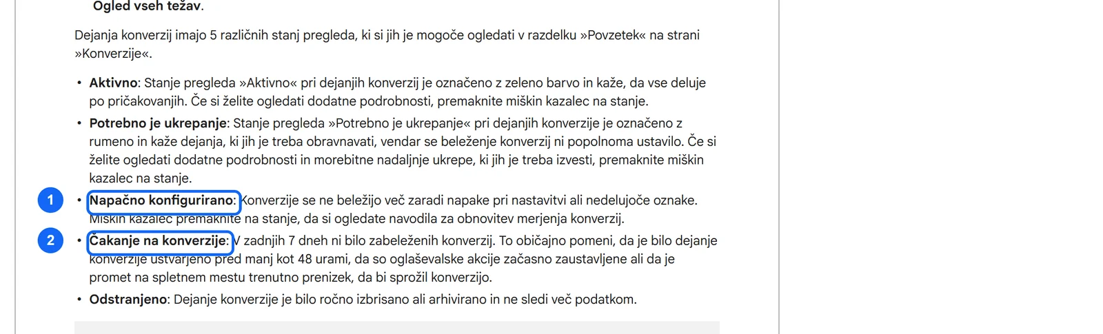 Posnetek slovenske pomoči za Google Ads s petimi stanji pregleda dejanj konverzij; oštevilčeni sta stanji Napačno konfigurirano (konverzije se ne beležijo več) in Čakanje na konverzije (v zadnjih 7 dneh ni konverzij).