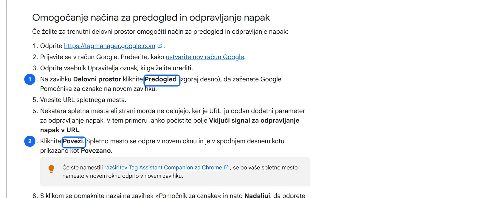 Posnetek slovenske pomoči za Upravitelj oznak s koraki za predogled vsebnika; oštevilčena sta gumba Predogled in Poveži.