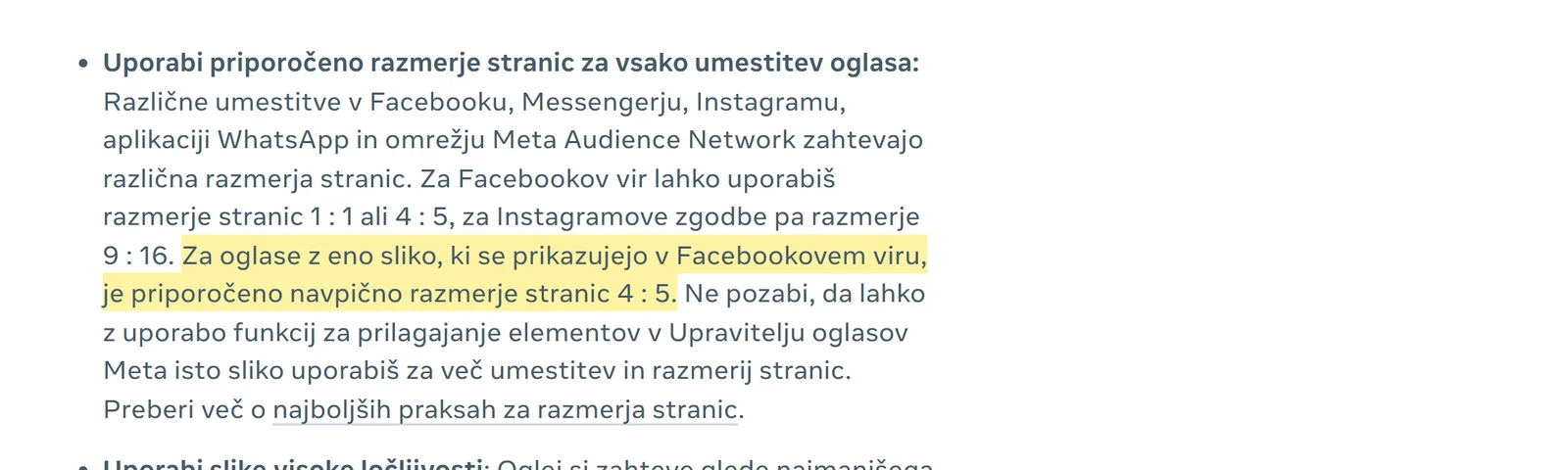 Posnetek slovenske Metine pomoči z označenim stavkom, da je za oglase z eno sliko v Facebookovem viru priporočeno navpično razmerje stranic 4 : 5.