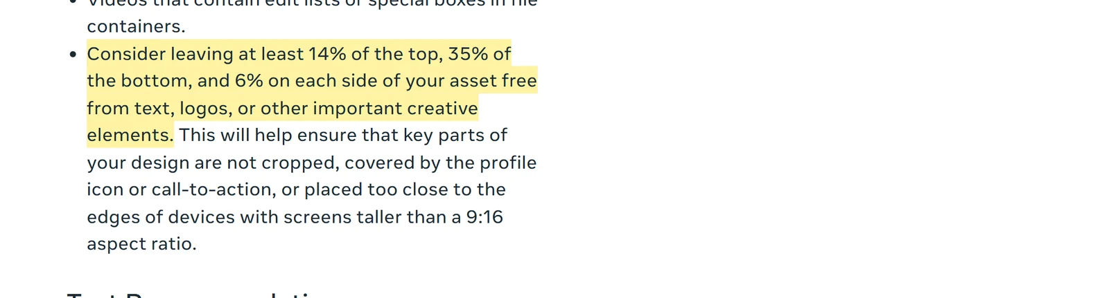 Posnetek Metinega Ads Guide za Instagram Reels z označenim priporočilom, da zgornjih 14 %, spodnjih 35 % in 6 % ob vsaki strani ostane brez besedila in logotipov.